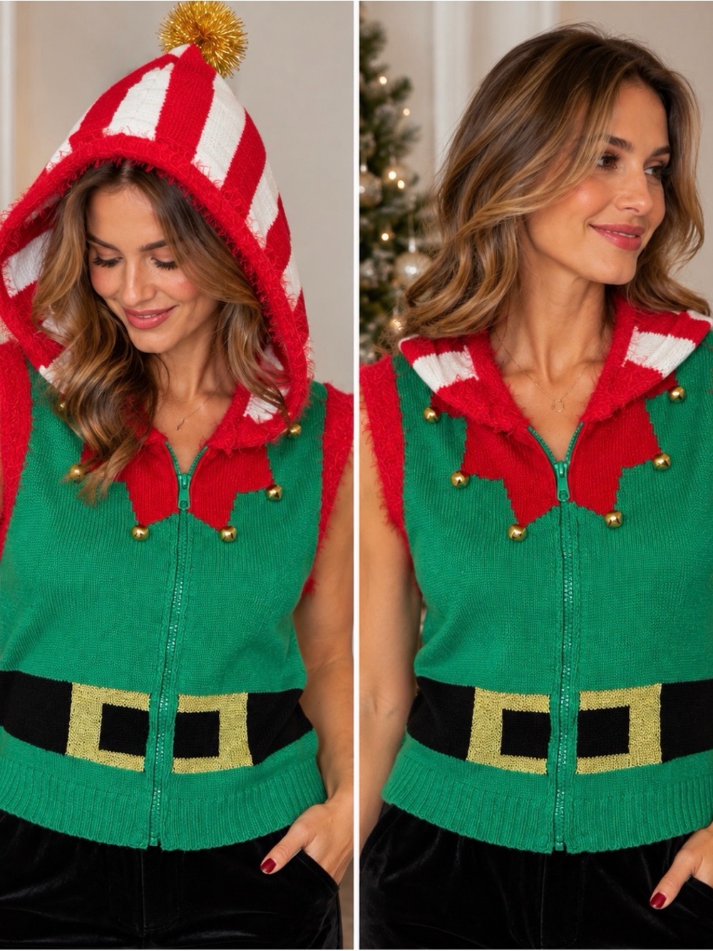 Juniors size Large Elf-Inspired Sleeveless Hooded Sweater Vest - Green & Red